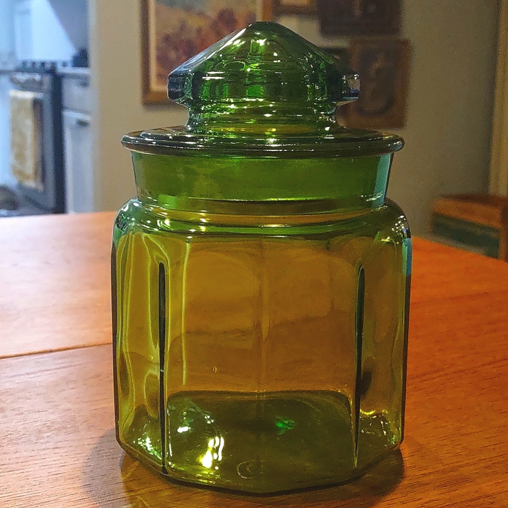 L.E. Smith Green Panel Canister Apothecary Jar Rare